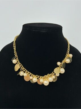 Liz Claiborne Gold Pearl and Disc Charm Necklace